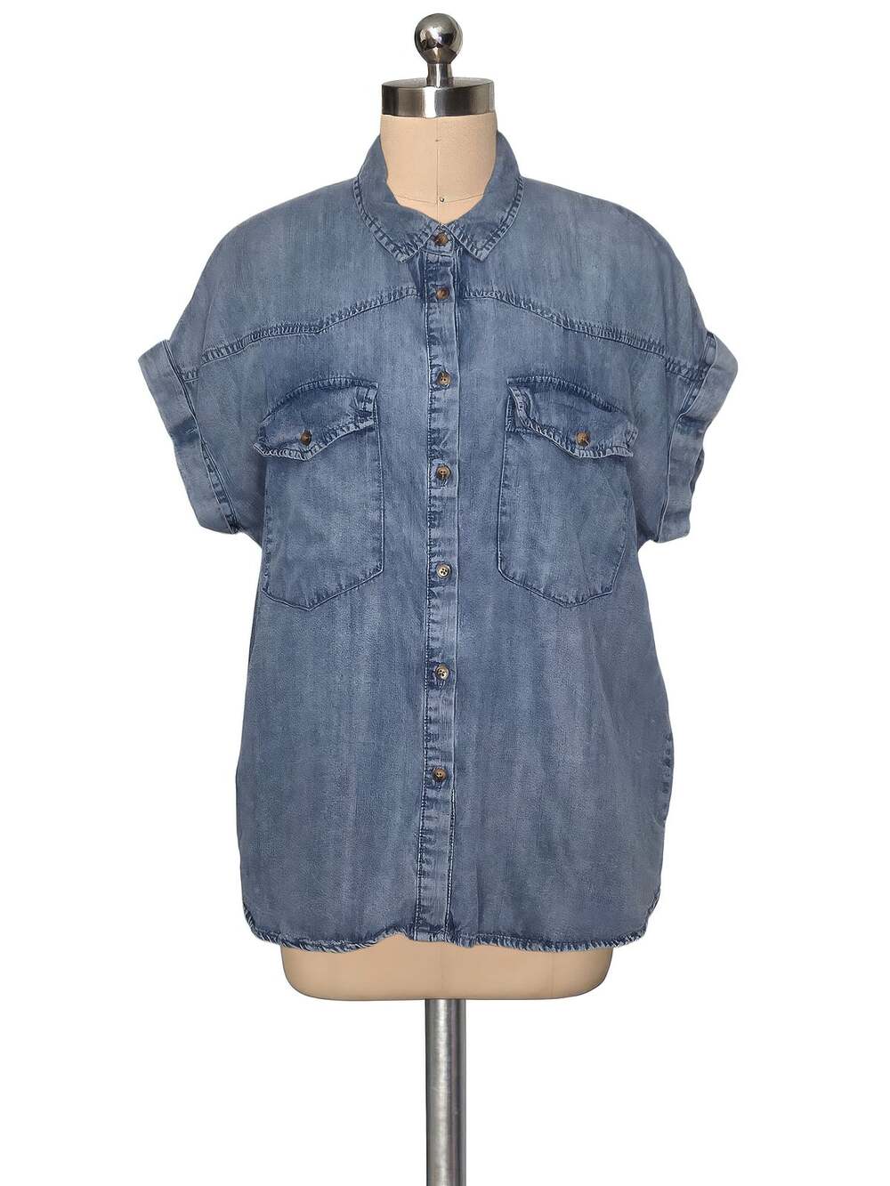 Jane and Delancey Blue Lyocell Short Cuffed Sleeve Button Up Blouse Shirt L